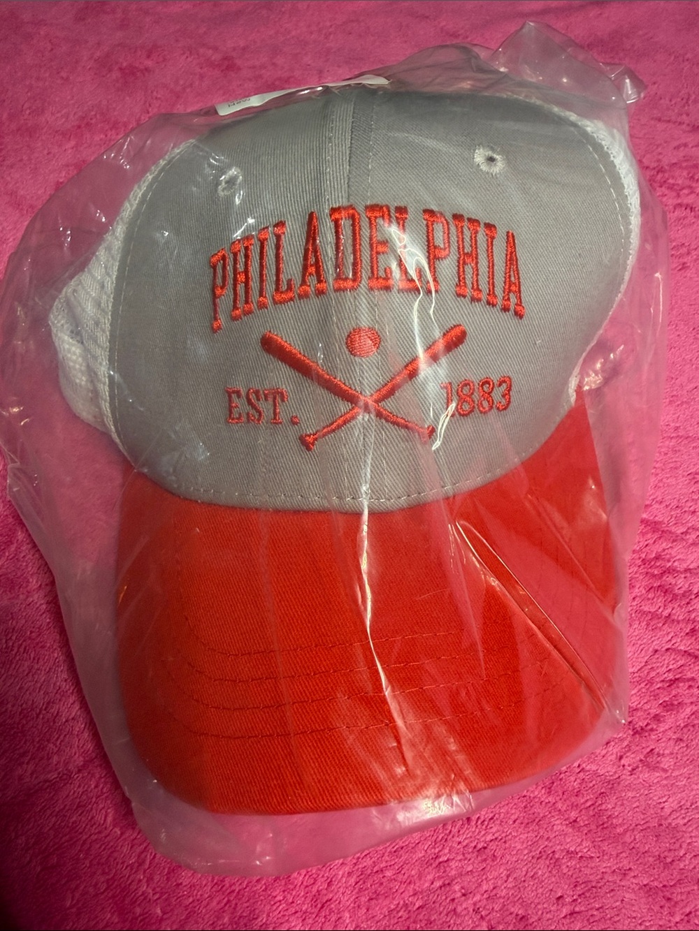 Philadelphia Baseball Trucker Hat in Gray & Red